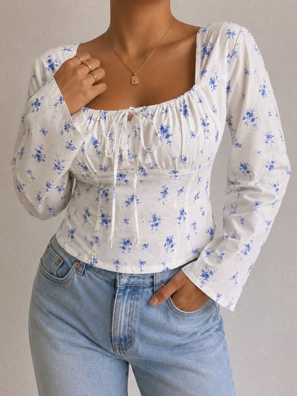 Blue White Floral Smocked Milkmaid Top NWT Large Romantic Cottagecore Coquette S